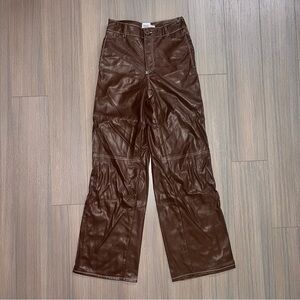 PRINCESS POLLY: Brown High Waisted Wide Leg Faux Leather Pants